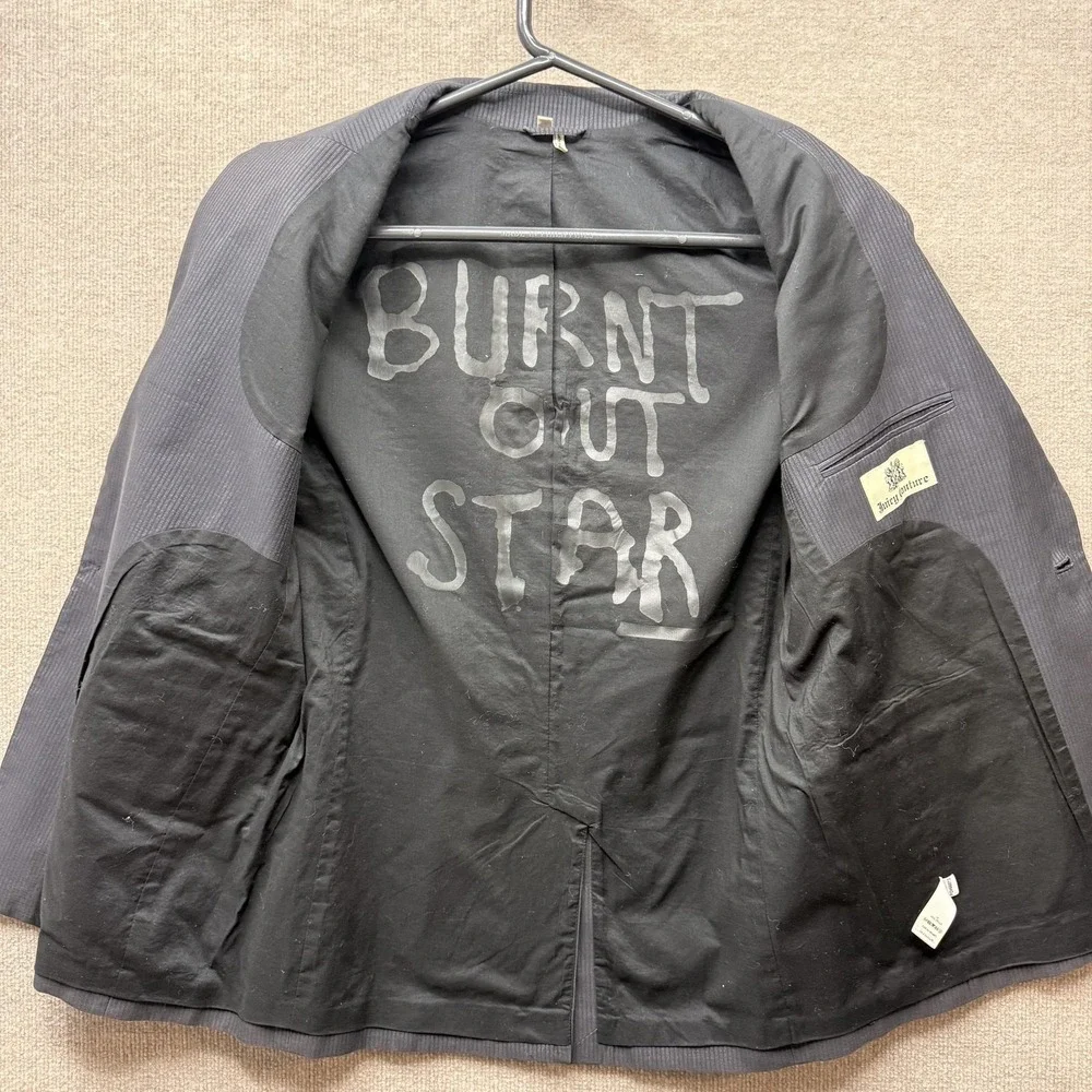 Juicy Couture Mens Pinstripe Blazer Jacket‎ Charcoal Grey Burnt Out Star Lining